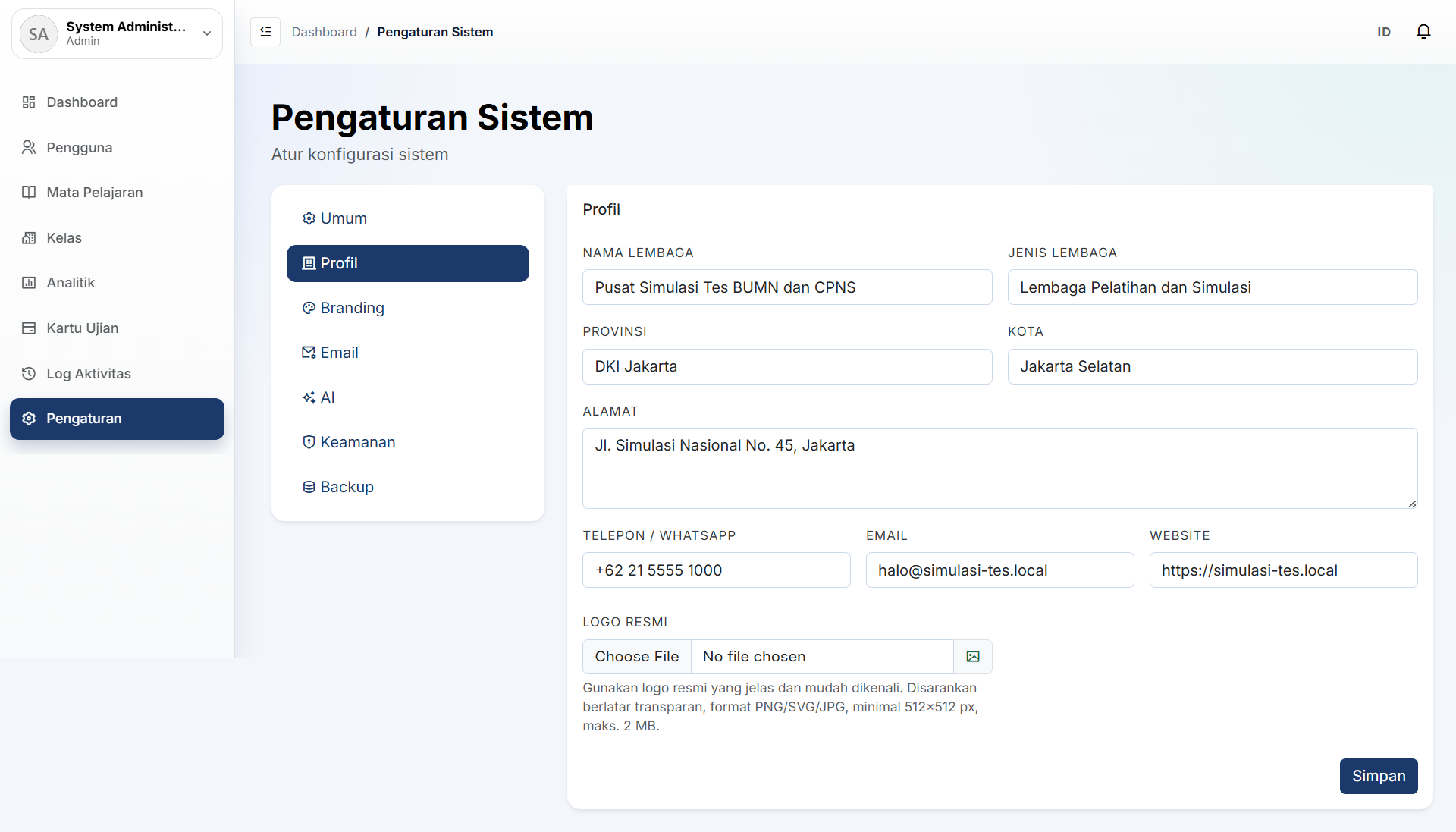 Tampilan sistem CBT Pro